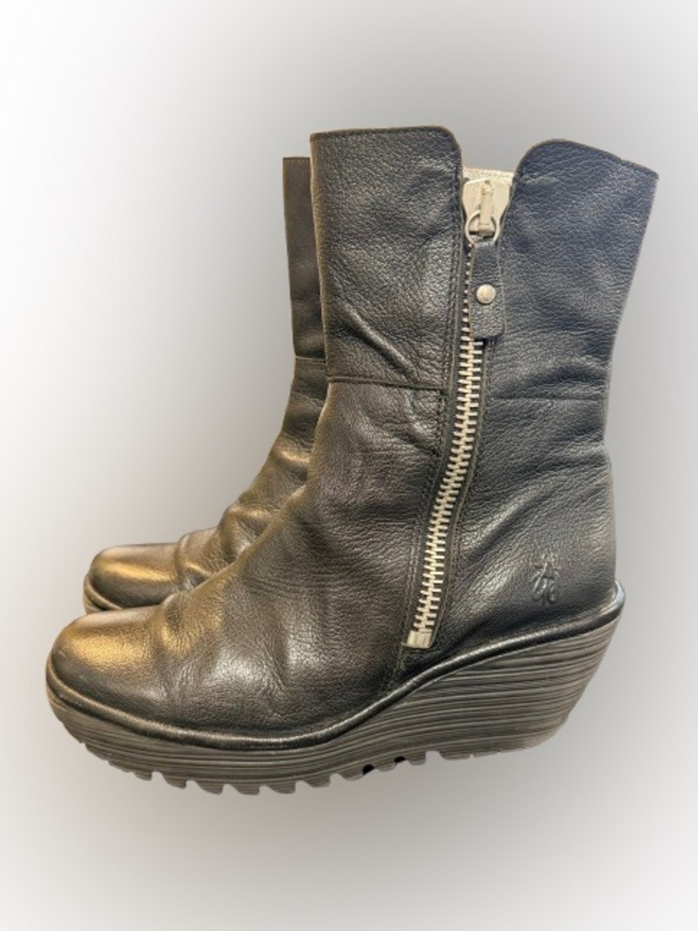 Fly London Black Leather Wedge Boots Side Zip Mid Calf Platform EU 38 US 7–7.5